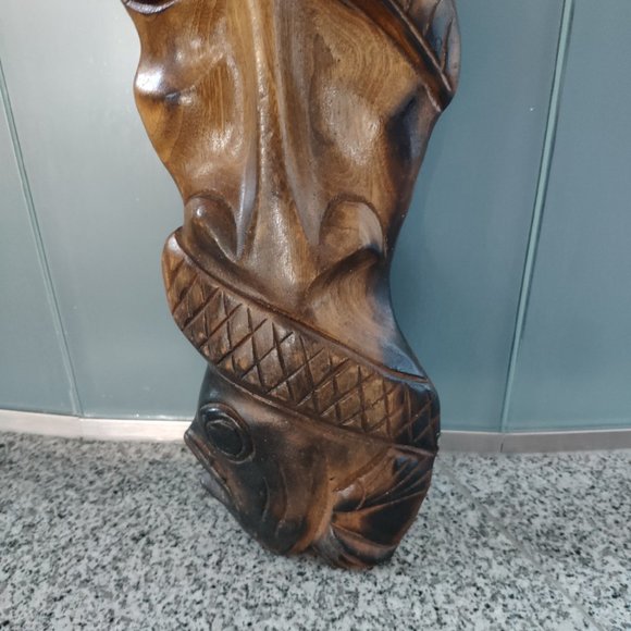 Abstract Wooden Mask Artwork VTG Hand Carved Wall Art Cobra Fish Man 20" - Picture 4 of 9